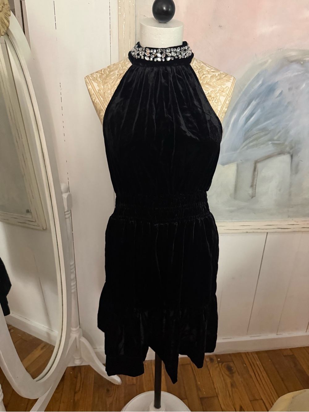 Anthropology Black Velvet Halter Dress with Jeweled Collar